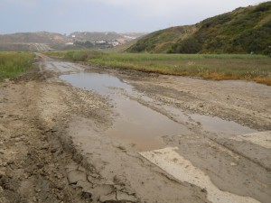 Photo of Yogurt Canyon showing flooded road which leads to massive potholes on Monument Road.