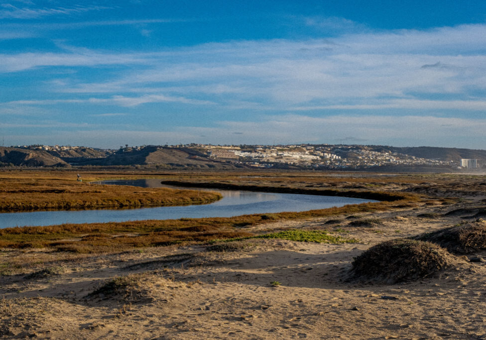 The Mexican city of Tijuana is a stone's throw from the Tijuana Estuary and Border Field State Park. The border fence can be seen on the distant hills dividing the two countries.
